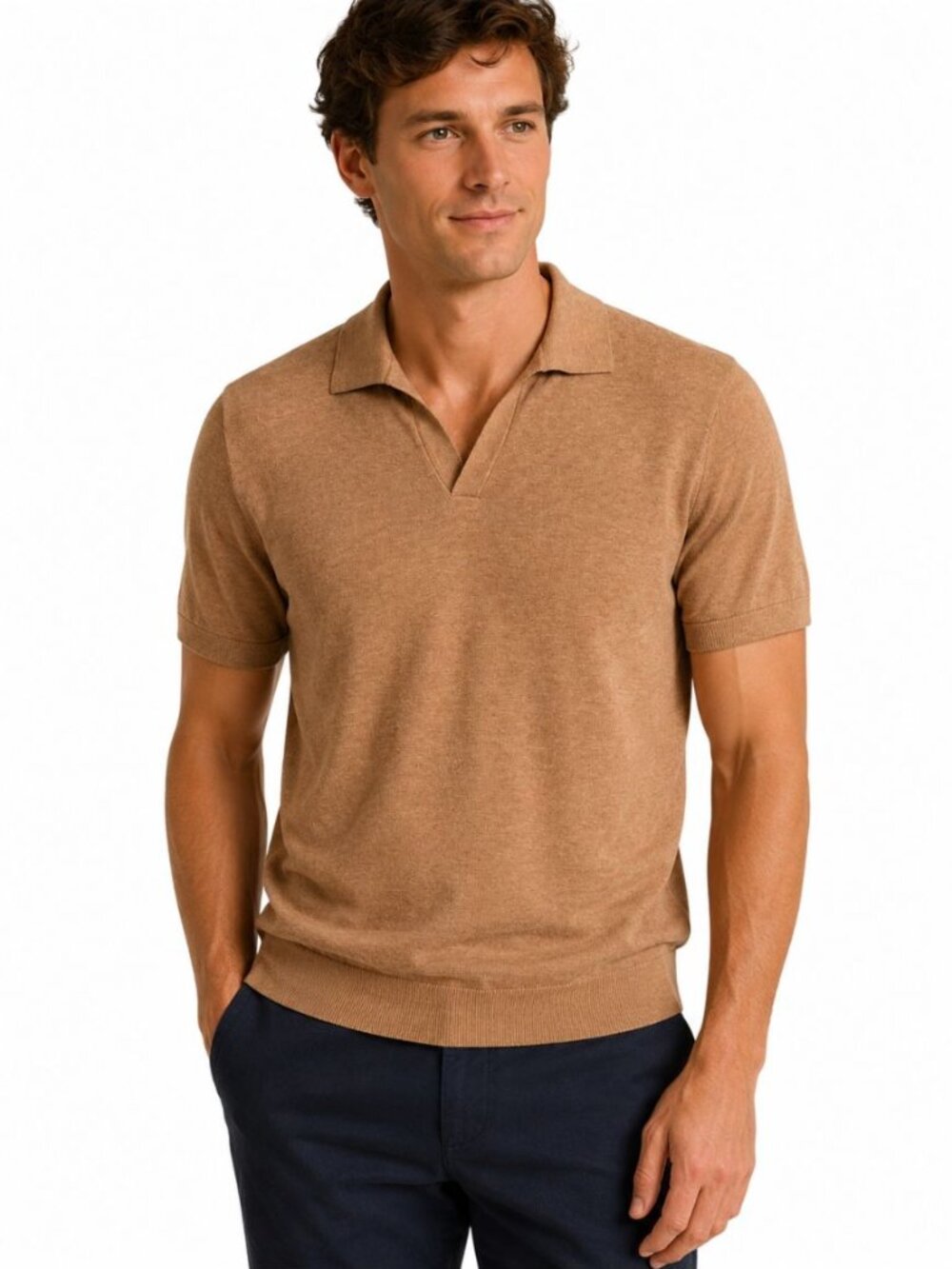 Proper Cloth Men's Cotton Linen Blend Polo Short Sleeve Buttonless Brown Size S